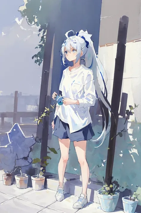 (Best quality, masterpiece), 1 girl, (female focus), Ahoge, blue and white hair, ((White shirt), (Overfit Shrit)), long hair, standing, ponytail, [[mild heterochromia]], White background