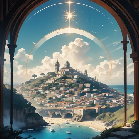 Descreva uma cena vibrante e ensolarada da cidade de Calez vista de um morro elevado, under the unique atmosphere of an RPG-style world. No horizonte distante, the sun sheds its golden light over a beautiful city, cercada por um porto movimentado. Ao redor...