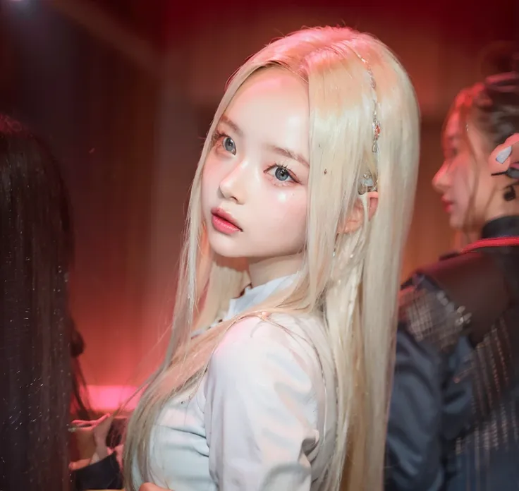 blond girl with long hair and blue eyes posing for a picture, portrait of kim petras, portrait of jossi of blackpink, with long ...