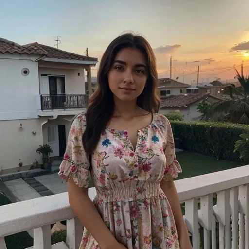 Mujer latina, between 25 to 30 years. Modelo de instagram. With a dress with flower design fabric. Sentada en la terraza de una casa en medio del atardecer. Foto tomada con un celular y realista 