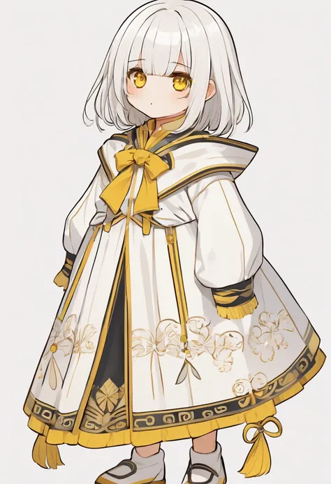 A small girl with white hair and yellow eyes. Cute outfits, thick lineart, adorable. ((High quality))