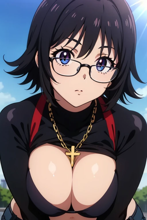 Shizuku Murasaki, 1girl, cute, black hair, short hair, glasses, expressionless, huge breast, ((tight black long sleeve turtleneck)), (all fours, looking at view, from below), (masterpiece, high resolution, best quality, anime colored, anime screencap, 8k, ...