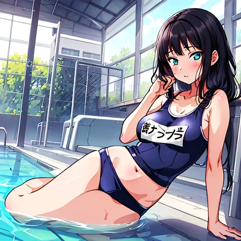 best quality, very aesthetic, Super detailed, best illustration, 1girl, おっぱい, black_hair, school swim suit