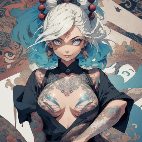 (((highest quality))),(((32k))),(((girl with tattoos))),very delicate face,(perfect physical beauty),(Super beautiful woman),Fancy hair color,earrings,(((big breasts))),(Emphasize cleavage),mandala,Geometric pattern,coat of arms,Detailed tattoo,(((detailed...