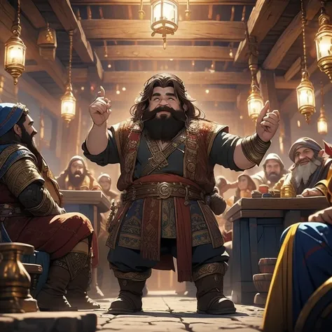 Visualize and illustrate a group of dwarven bards in a vibrant, lively setting. Each dwarf is unique, with distinct traits that reflect your personality and musical abilities. They are gathered in a lively tavern environment, where music and joy fill the a...