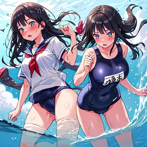 best quality, very aesthetic, Super detailed, best illustration, 1girl, おっぱい, black_hair, school swim suit