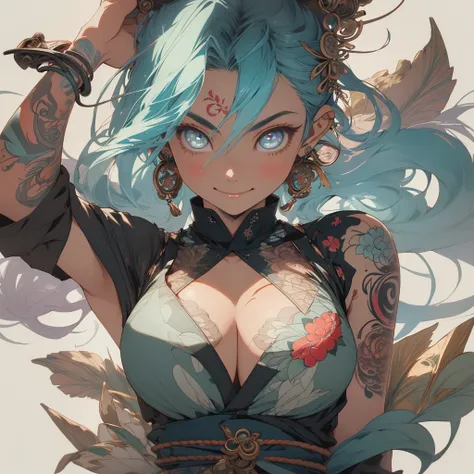 (((highest quality))),(((32k))),(((girl with tattoos))),very delicate face,(perfect physical beauty),(Super beautiful woman),Fancy hair color,earrings,(((big breasts))),(Emphasize cleavage),mandala,Geometric pattern,coat of arms,Detailed tattoo,(((detailed...