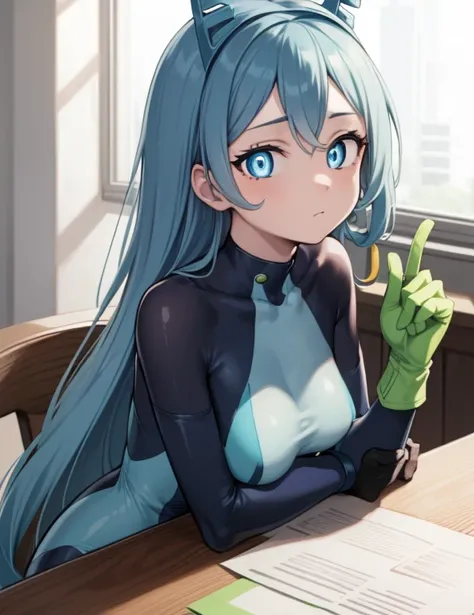 Nejirehadu, Nejire Wave, blue eyes, blue hair, long hair,
break blue body suit, body suit, drill hair, gloves, green body suit, multicolored body suit, colorful clothes, yellow gloves,
break looking at viewer, whole body,
break indoors, classroom,
break (t...