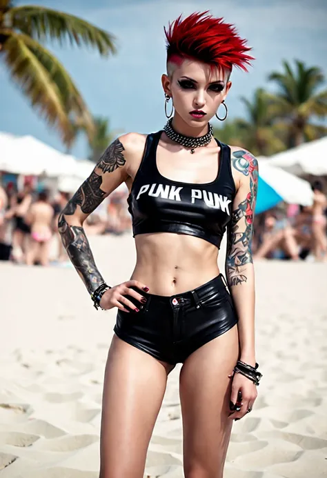 professional photography, ((top-quality)), ((​masterpiece:1.3)), Crisp focus:1.2, beautiful punk woman with perfect figure: 1.4, slim figure, slender abs: 1.2, highly detailed face and skin texture, detailed eyes, privat beach party, close-up, full body lo...