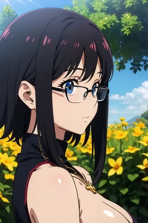 (masterpiece, high resolution, best quality, anime colored, anime screencap, 8k, photorealistic), Shizuku Murasaki, 1girl, cute, black hair, short hair, glasses, expressionless, huge breast, (tight black turtleneck long sleeve), (upper body:1.5, looking at...