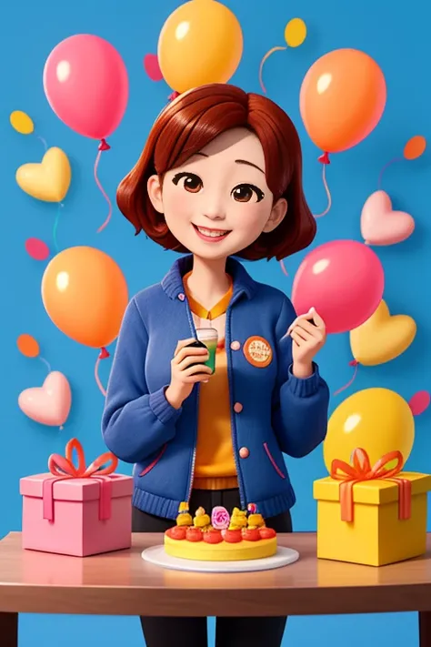 Orange jacket character, neat and dark hair, middle aged korean woman smiling face, Cakes, snacks and gift boxes on the table, Pink and yellow balloons floating on a blue background, "happy birthday"