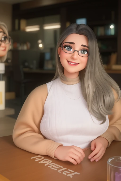 Uma mulher de 18 anos, com cabelos loiros cumpridos, Rosto redondo, rosto redondo com sorriso encantador, e olhos castanhos, wearing glasses.  pixar animation