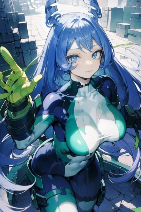 Nejirehadu, Nejire Wave, blue eyes, blue hair, long hair,
break blue body suit, body suit, drill hair, gloves, green body suit, multicolored body suit, colorful clothes, yellow gloves,
break looking at viewer, whole body,
break indoors, classroom,
break (t...