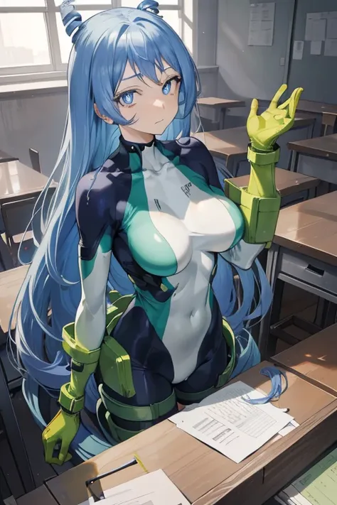 Nejirehadu, Nejire Wave, blue eyes, blue hair, long hair,
break blue body suit, body suit, drill hair, gloves, green body suit, multicolored body suit, colorful clothes, yellow gloves,
break looking at viewer, whole body,
break indoors, classroom,
break (t...