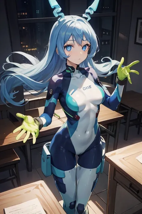 Nejirehadu, Nejire Wave, blue eyes, blue hair, long hair,
break blue body suit, body suit, drill hair, gloves, green body suit, multicolored body suit, colorful clothes, yellow gloves,
break looking at viewer, whole body,
break indoors, classroom,
break (t...