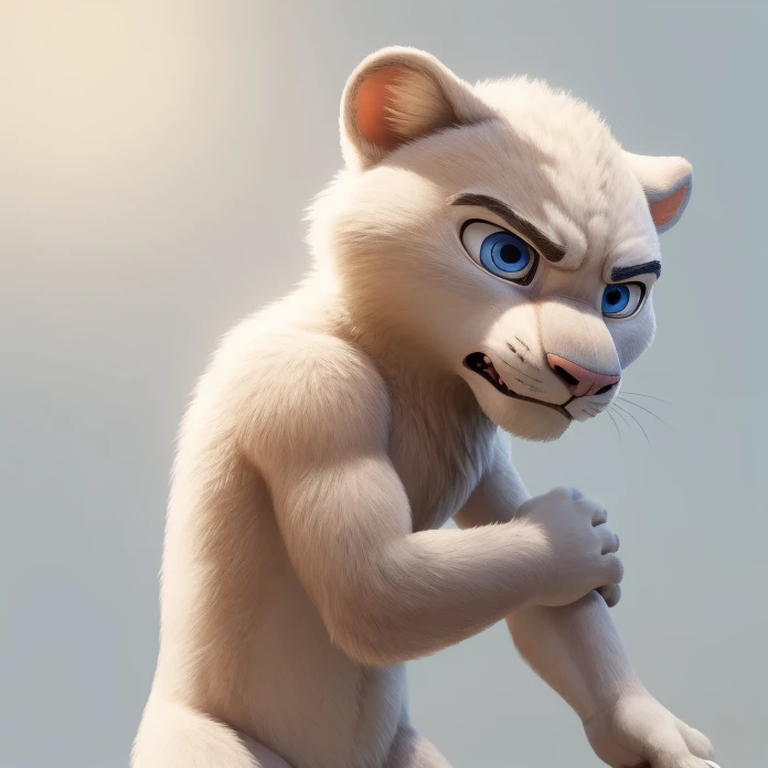 young white lion, solo, male focus, blue eyes, topless, cut bangs, standing, (angry), looking to the front, full body, (soft shading), 4k, detailed face, detailed eyes, detailed, zootopia style, blank background, side view, 60º angle