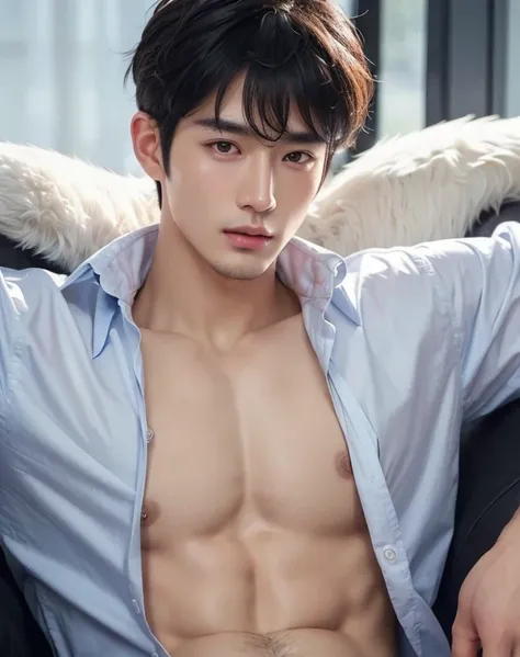 ((High quality)), ((masterpiece)), ((highly detailed)), perfect face, realistic, ((man)), ((Asian)), young, black hair, comma hair cut style, ((handsome)), detailed eyes, beautiful detailed nose, realistic body, realistic light, comfortable expressions, cu...