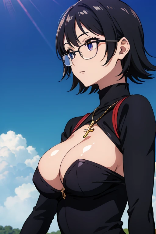 (masterpiece, high resolution, best quality, anime colored, anime screencap, 8k, photorealistic), Shizuku Murasaki, 1girl, cute, black hair, short hair, glasses, expressionless, huge breast, (long sleeve, tight black turtleneck ), (upper body:1.5, breast f...