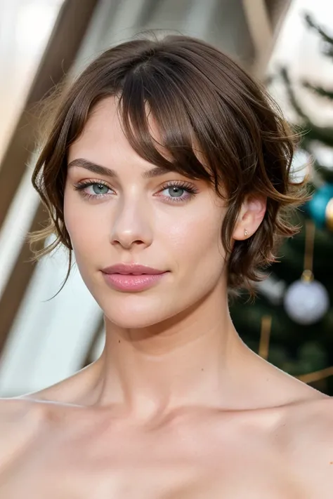 astonishing beautiful woman (jessica biel:gal gadot:0.5), highlighted hair, turquoise eyes, perfect breasts, slightly nude, highlighted slightly curly medium cut hair, pale turquoise eyes, discrete makeup hourglass figure, perfect body, christmas tree, big...