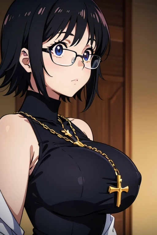 (masterpiece, high resolution, best quality, anime colored, anime screencap, 8k, photorealistic), Shizuku Murasaki, 1girl, cute, black hair, short hair, glasses, expressionless, huge breast, (long sleeve tight black turtleneck ), (upper body:1.5, breast fo...