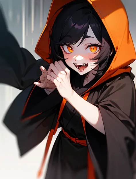 A young man with light pale skin, naturally plump red lips, slight blush, black silky hair, Yellow/orange eyes with slit pupils, sharp fangs, wearing all black robes with hood up, mysterious, shadowy, 