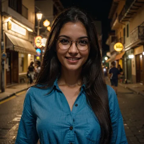 A brunette woman with large round glasses, cabelo castanho, olhos castanhos longos e encaracolados, Blue button down shirt, saia na altura do joelho, sorridente, walking down the street in the Provenza neighborhood in Medellín, at night, illuminated advert...