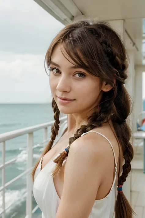 exuberant woman, confident look, expressive eyes, flowing hair, side bangs with braids, centered camera, stunning seafront, gentle rhythm of the sea breeze.
