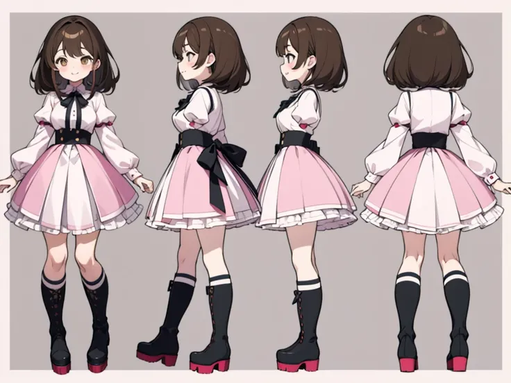 character sheet,masterpiece, highest quality, cute, cute, 1 girl, alone, mine series,platform boots,pink makeup,t pose,brown hai...