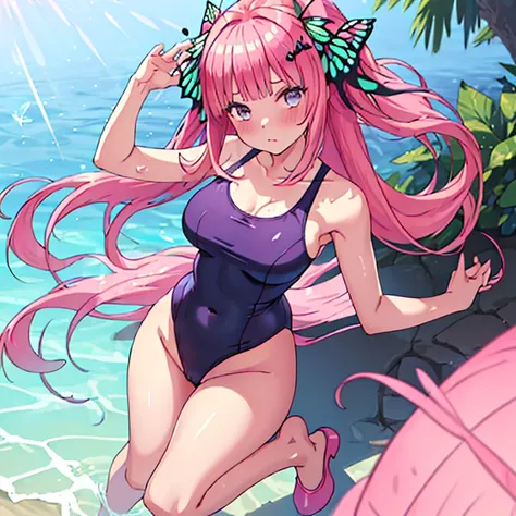 (Masterpiece)), 8k wallpaper, wearing only a basic swimsuit and pumps, The shoulder area of the swimsuit is a tank top type without decoration, The waist of the swimsuit is a high-cut leotard type The surface of the swimsuit is slippery, standing, shameles...