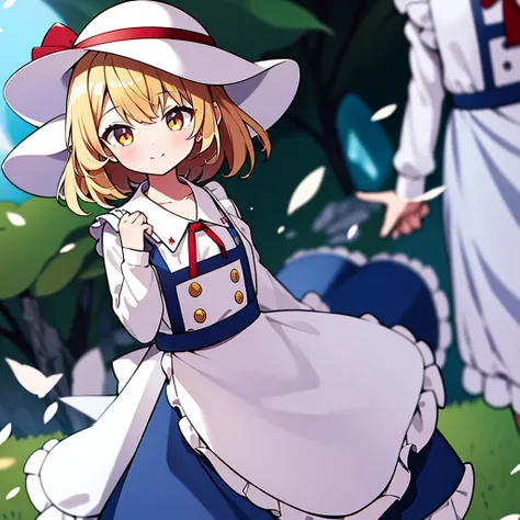 masterpiece, best quality, 1 girl, little girl, child, 10 years old, white hat, red ribbon, middle blonde hair, golden eyes, short puffy sleeves, white clothes, white apron, blue skirt, blue ruffles, collarbone, gentle smile, Kana Anaberal, Poltergeist, pi...