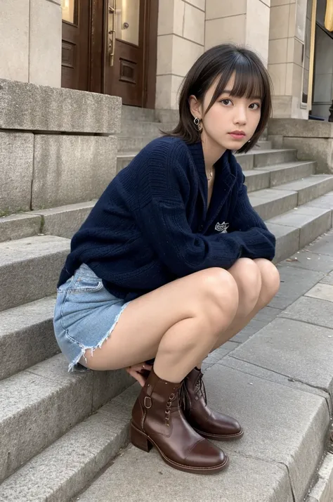 ight,outside In town,冬のイルミネーション,夜のライトアップ,cowboy shot,standing,fashion model posing,lace-up boots,(leather skirt),(duffel coat),earrings,knee-high socks,bracelet,sideswept bangs,(シルバーの髪色),(ふともも),Ultra-realistic capture, Highly detailed, High resolution 16k ...