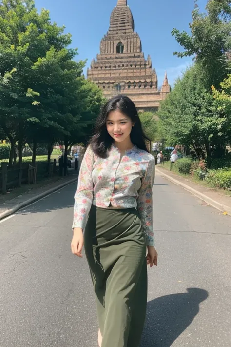 a beautiful girl with cute dimples, smiling, wearing
burmese dress, walking in Bagans street, 4k,
ACMM LS OUTFIT, WEARING ACMM TOP OLIVE
GREEN ACMM TOP; LONG SLEEVES, WEARING
ACMM LONG SKIRT, OLIVE GREEN ACMM LONG
SKIRT, PRINTED SKIRT
OUTDOORS, SCENERY, TR...