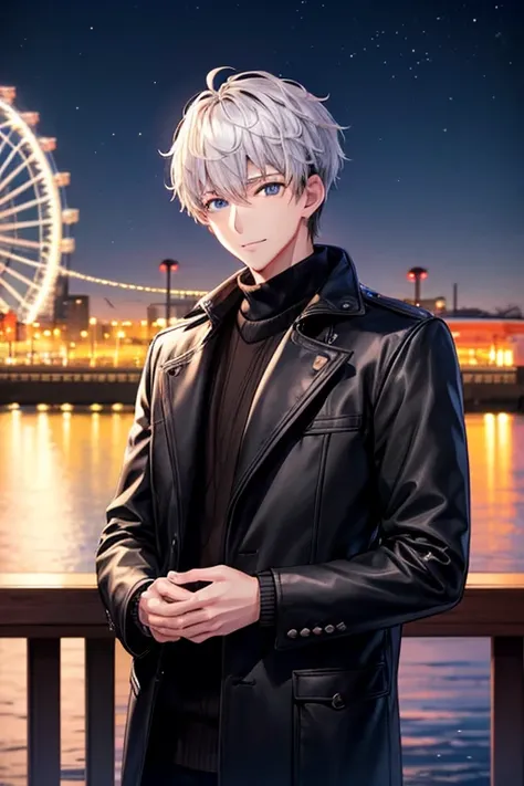 a handsome guy、winter clothing、20代の男性、Black short-haired、long sleeve、Winter sea view park、Minato Mirai、Ferris wheel、High resolution、In 8K、sharp focus、zoom、with the best image quality