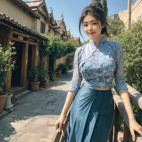 a beautiful girl with cute dimples, smiling, wearing
burmese dress, walking in Bagans street, 
ACMM LS OUTFIT, WEARING ACMM TOP OLIVE
GREEN ACMM TOP; LONG SLEEVES, WEARING
ACMM LONG SKIRT, OLIVE GREEN ACMM LONG
SKIRT, PRINTED SKIRT
OUTDOORS, SCENERY, TRADI...