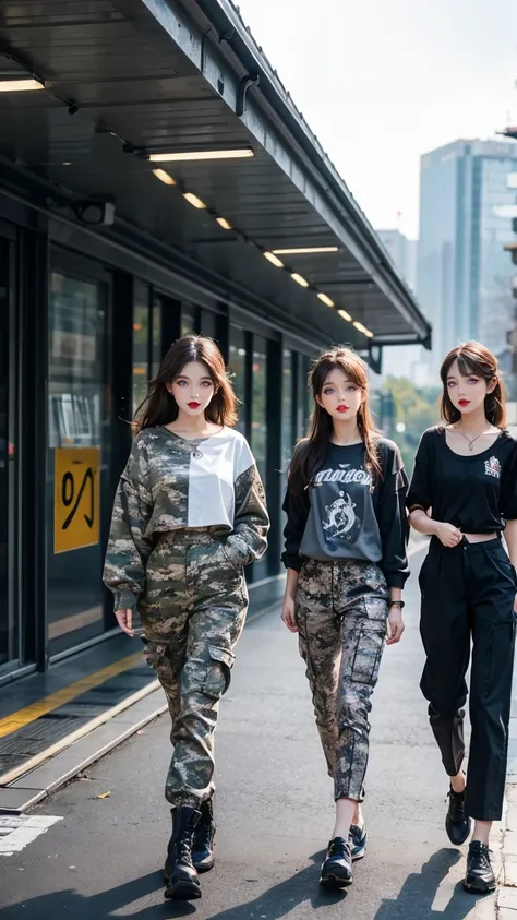 a girl and two girls wearing the camo pants, in the style of 32k uhd, emek golan, feminine body, simple, full body, hard-edge style, soft-edged three women in camo tops and pants, in the style of sanriocore, 32k uhd, nostalgic mood, metal, dignified poses,...