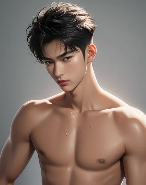 ((High quality)), ((masterpiece)), ((highly detailed)), perfect face, realistic, ((man)), ((Asian)), 20 years old, black hair, comma hair cut style, ((handsome)), detailed eyes, beautiful detailed nose, realistic body, realistic light, comfortable expressi...