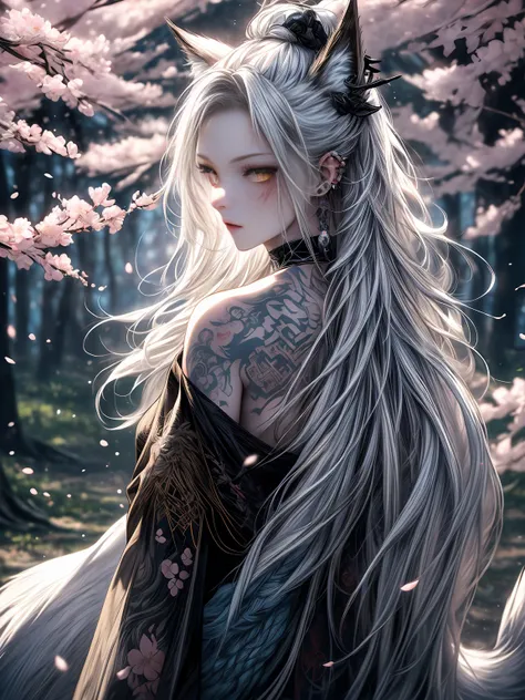 The most beautiful and enchanted wolf spirit, white hair, glowing yellow eyes, tons of tattoos and piercings, in the most beautiful enchanted forest, graffiti and kanji elements in the background, cherry blossoms blowing in the wind, highly detailed, perfe...