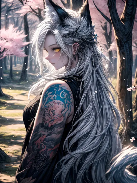 The most beautiful and enchanted wolf spirit, white hair, glowing yellow eyes, tons of tattoos and piercings, in the most beautiful enchanted forest, graffiti and kanji elements in the background, cherry blossoms blowing in the wind, highly detailed, perfe...