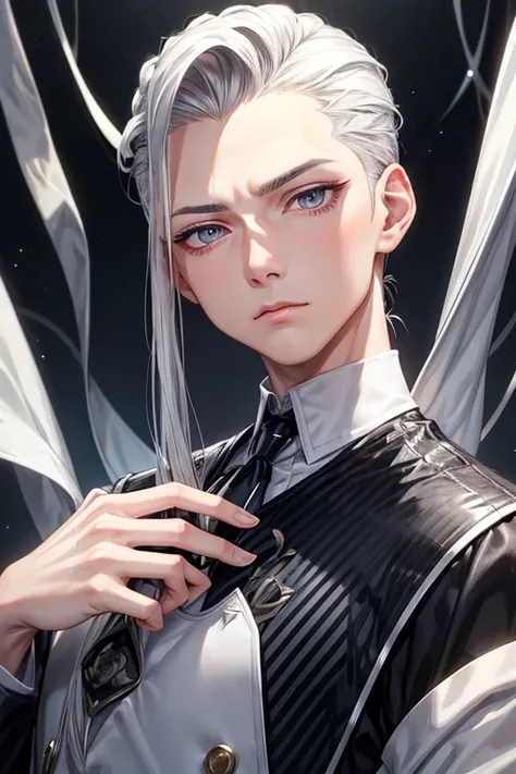 hair style with all hair slicked back、odd eye、odd eye、silver hair all back、male、hair is long to the shoulders、odd eye、maleの左目赤色、male右目青、increase wide angle、clear eyes、