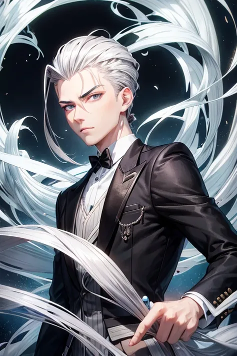 hair style with all hair slicked back、odd eye、odd eye、silver hair all back、male、hair is long to the shoulders、odd eye、maleの左目赤色、male右目青、increase wide angle、clear eyes、black gold suit