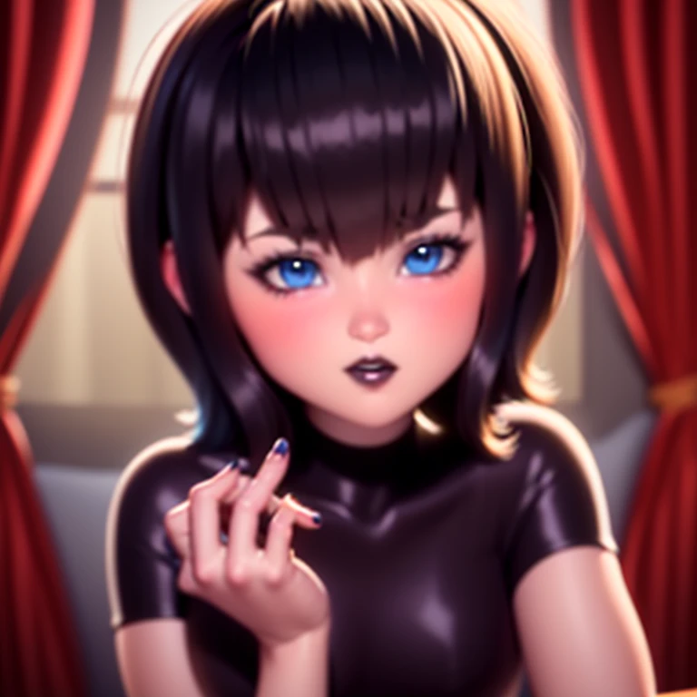 breasts, 1girl, blue eyes, nipples, lips, looking at viewer, nose, blurry, hetero, black hair, pov, blurry background, hand on own face, bangs, hand on own cheek, solo focus, 1boy, curtains, meme attire, short hair, depth of field