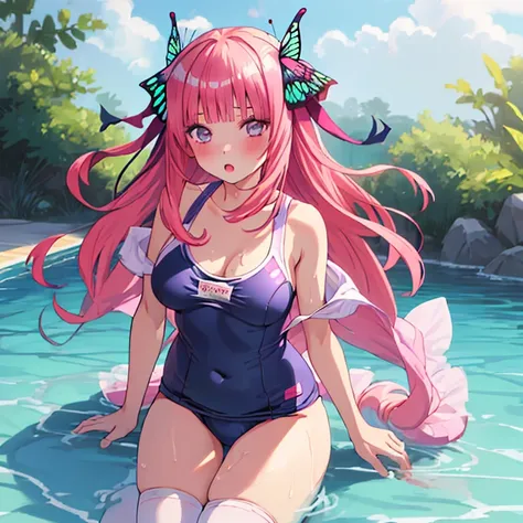 best quality, very aesthetic, super detailed, best illustration, 1girl, おっぱい, school swim suit, kneehighs, bangs, pink_hair, blu...