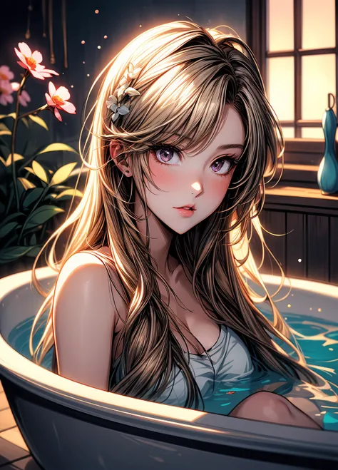 anime girl in a bathtub with flowers in her hair, guweiz on pixiv artstation, guweiz on artstation pixiv, splash art anime loli, blonde - haired princess, beautiful anime portrait, beautiful anime girl, artwork in the style of guweiz, guweiz, artgerm on ar...