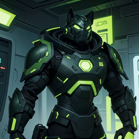 A dog with futuristic, black and green armor