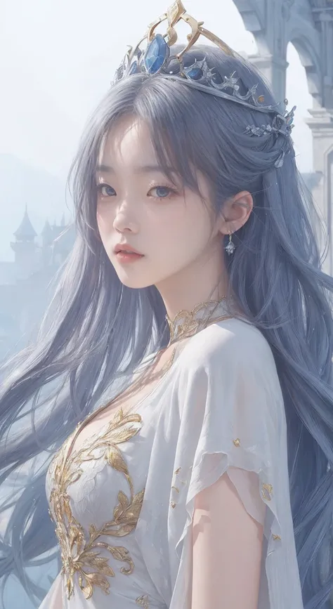 Best AI Image Generation Creator、1 beautiful girl、big round eyes、alone、Full body Esbian、realistic,lips,muste piece,highest quality,excellent anatomy，skin texture、background planet、gray hair、white dress、fantasy art style, palace-like palace 、 azure. fine ha...