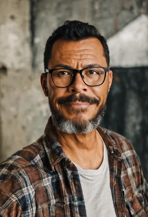 Crie um retrato frontal detalhado e realista, capturing the shoulders and head of a man with glasses, uma barba de lenhador, olhos castanhos escuros, e corte de cabelo preto estilo militar. He will wear a plaid flannel shirt with a white t-shirt underneath...