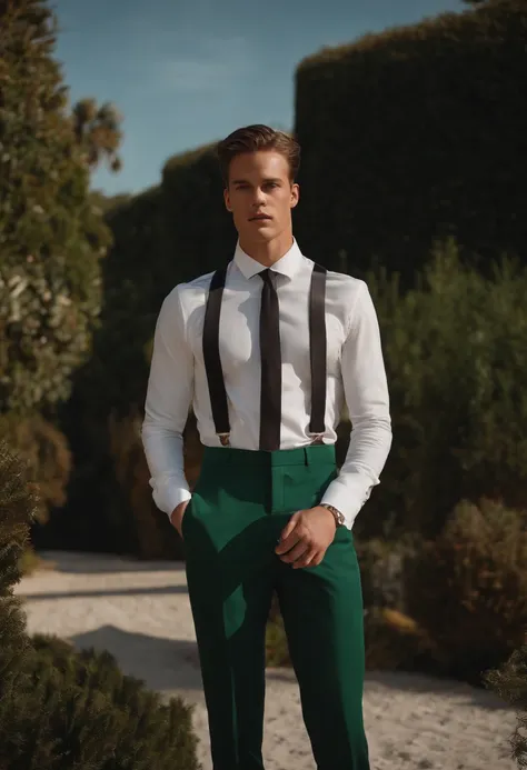 Alexander Calvert, white dress blouse black tie black suspenders, blazer verde 