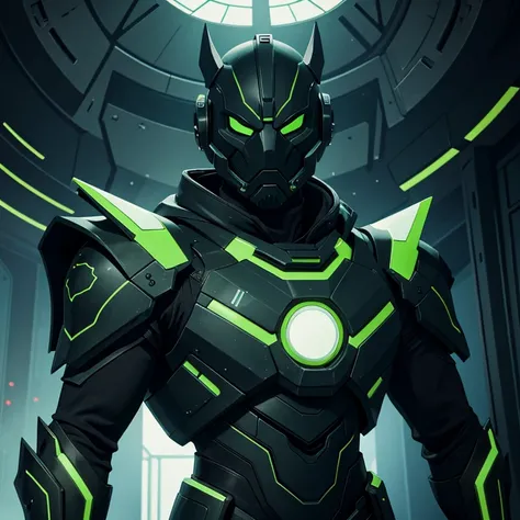 A guy with futuristic armor with a mask and it’s black and green