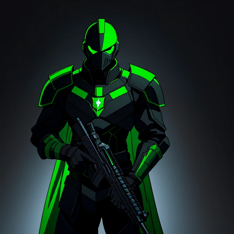 A guy with black and green armor with a gun with a black background