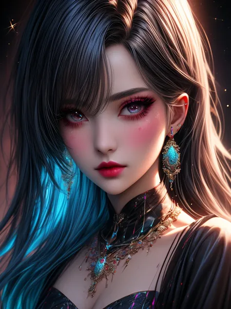 in this bright eyed face is a woman in colorful makeup, in the style of vray tracing, anime art, luminous reflections, Glitter jewellery rainbowcore, detailed illustrations, aurorapunk, close-up --ar 4:5 --s 50